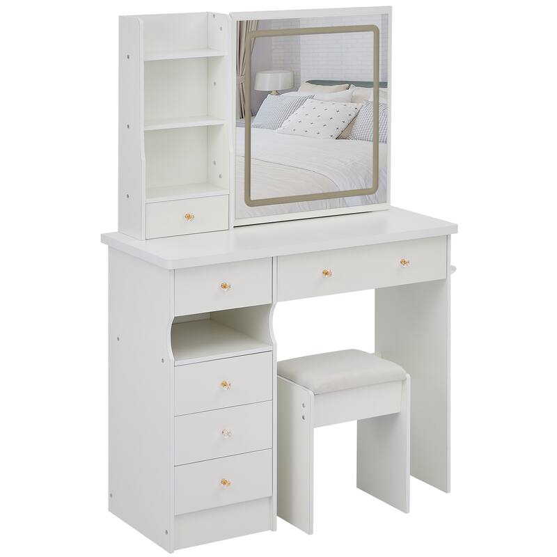 37" Middle Size Left Drawer Desktop Vanity Table + Cushioned Stool Dresser Set, Large Touch Control LED Sliding Mirror
