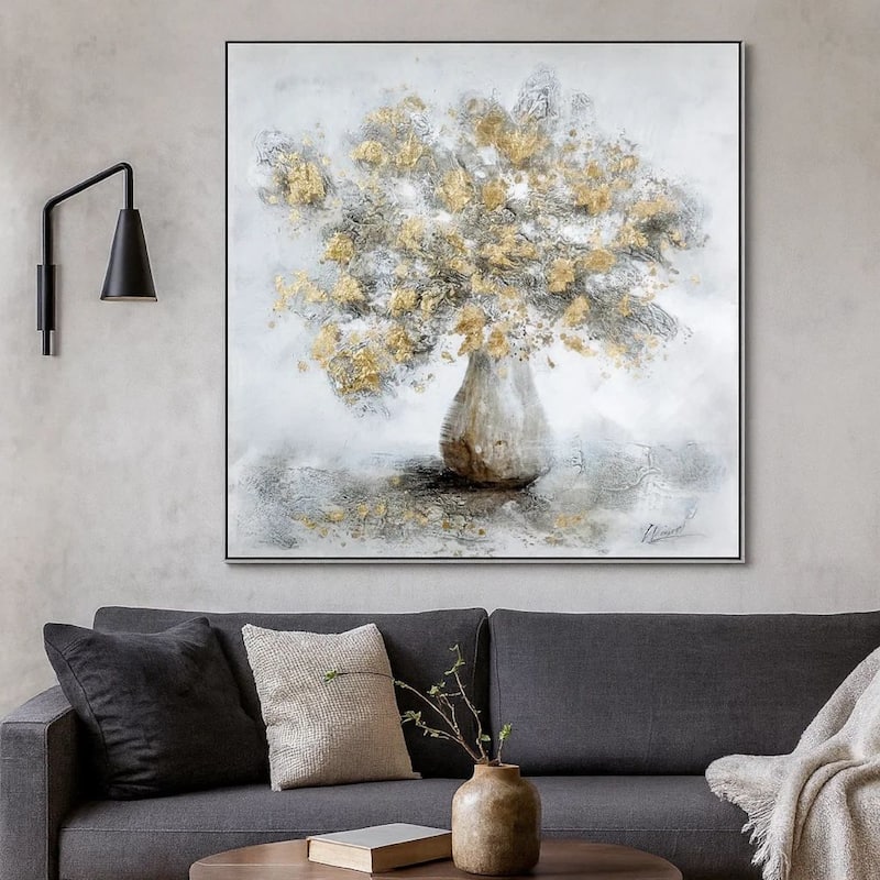 47 x 47 Modern Hand Painted Vase with Gold Foil Flowers and Silver Frame - Gray, White, Gold, Silver