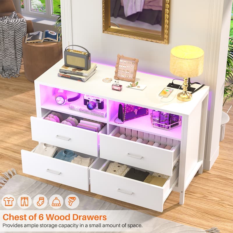 Chest of Drawers with LED Lights and Outlets,Wood Drawer Dresser for Clothes Storage