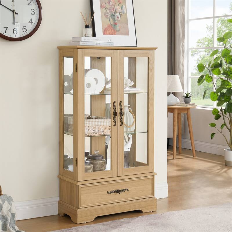 Lighted Glass Display Curio Cabinet with Door, 3 Shelves, Bulb, Drawer