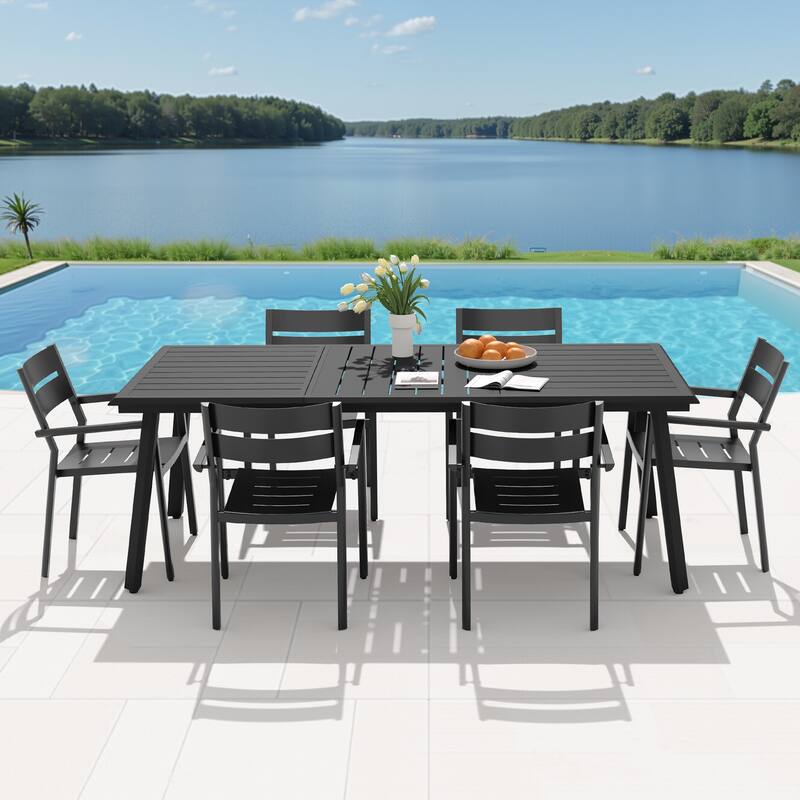 7-PC Outdoor Aluminum Dining Table Set with Stackable Armchairs Umbrella Hole