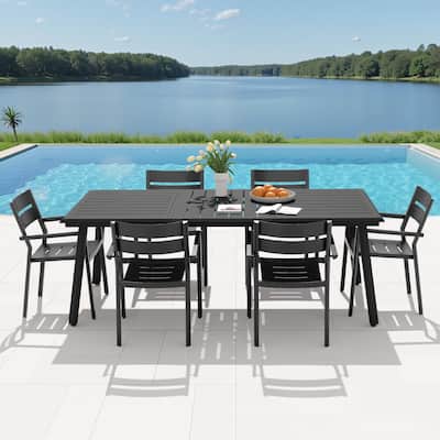 7-PC Outdoor Aluminum Dining Table Set with Stackable Armchairs Umbrella Hole
