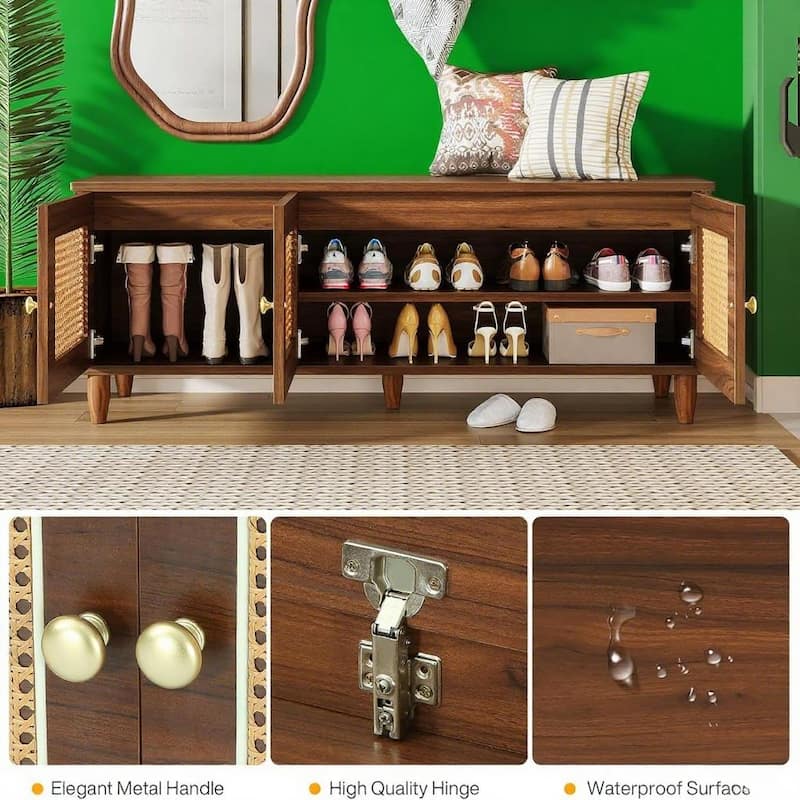 Rustic Rattan Shoe Storage Bench with Hidden Compartment Waterproof Finish and Multi Functional Design for Entryway