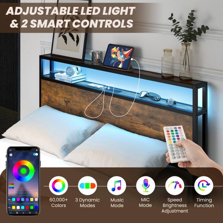 Full/Queen Size Bed Frame with Smart LED Lights and Storage Drawers