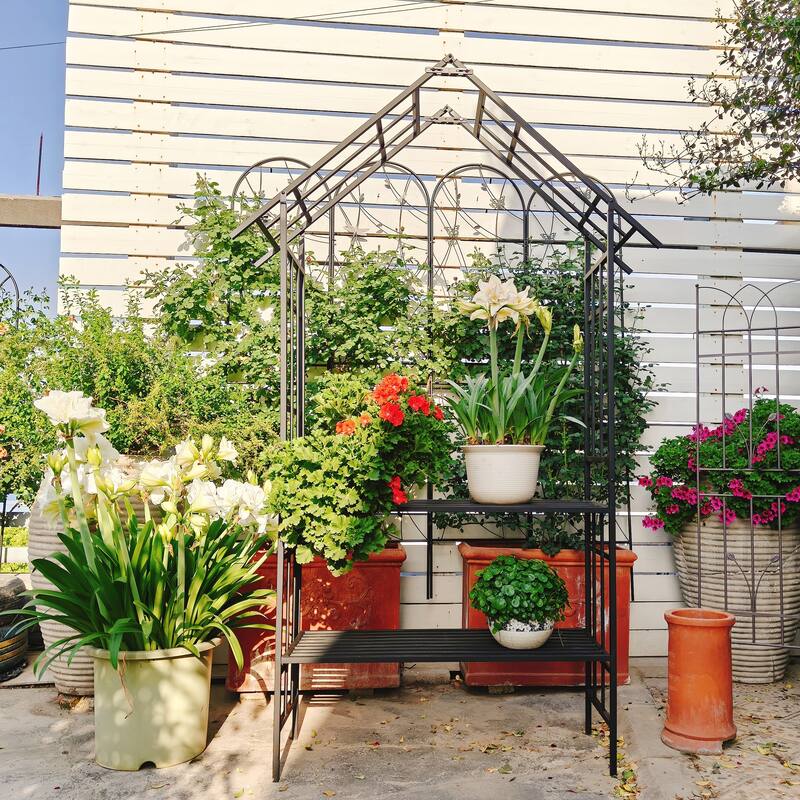 Anmytek Black Metal Garden Arch with Bench and Flower Stand for Climbing Plants Rose Arbor