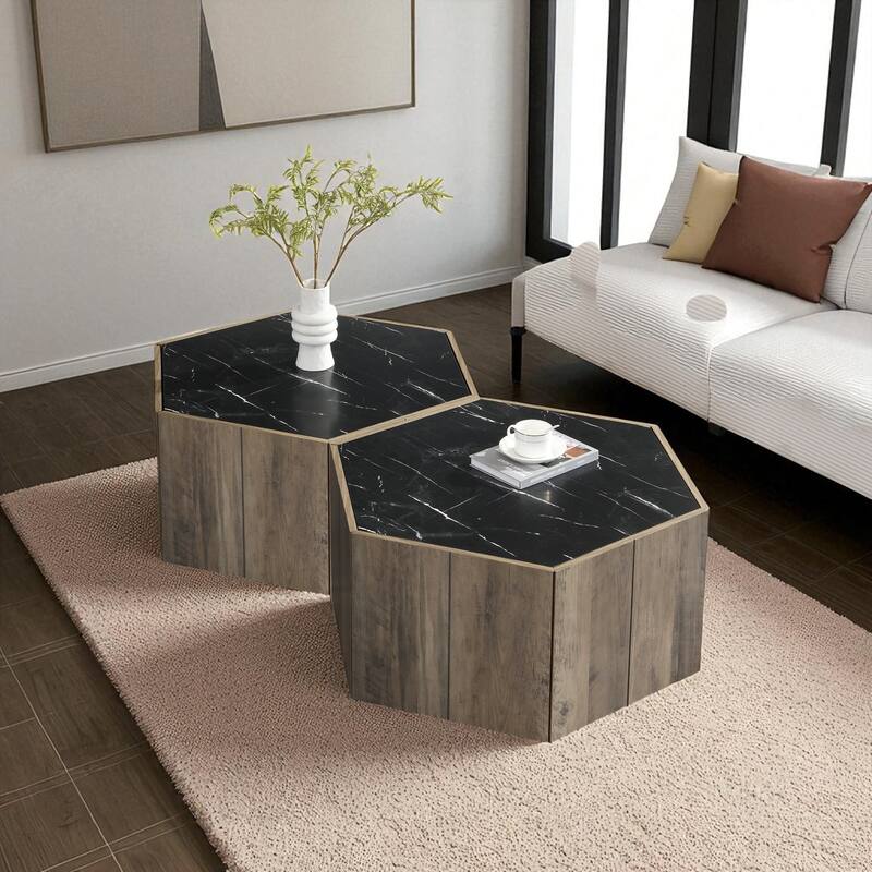 Hexagonal Rustic Coffee Table with Textured Marble Top, 2 Hidden Drawers, Light Brown Oak Finish, MDF