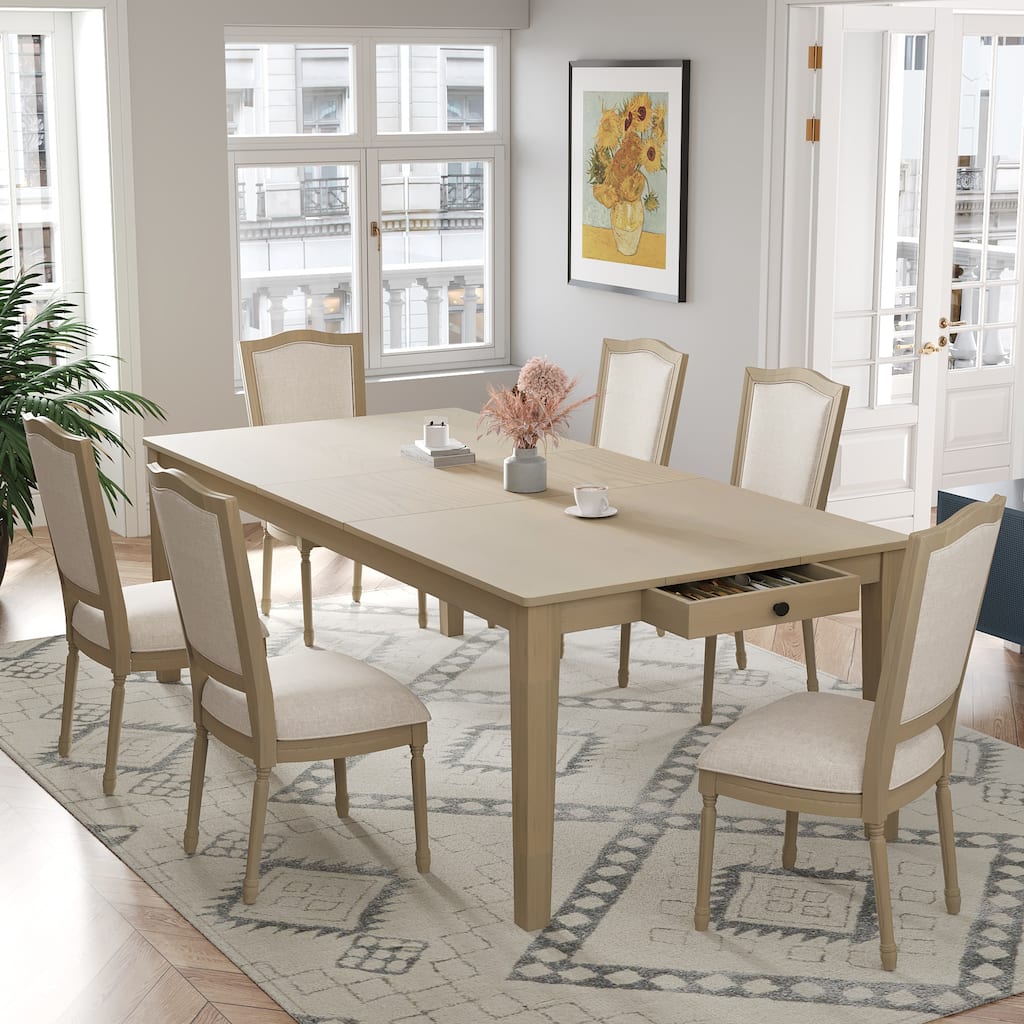 Extendable Dining Table Set Home Party Dining Table and Chair Set with Removable Leaf and 2 Built-in Drawers for Kitchen