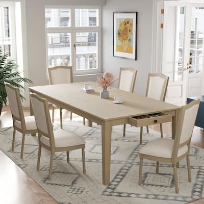 Rustic 7-Piece Extendable Dining Table Set with Removable Leaf, 6 Upholstered Dining Chairs, 2 Built-in Drawers