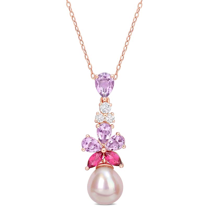 Miadora 9.5-10mm Pink Cultured Freshwater Pearl 2 3/8ct TGW Rose de France White & Pink Topaz Floral Necklace in Rose Silver