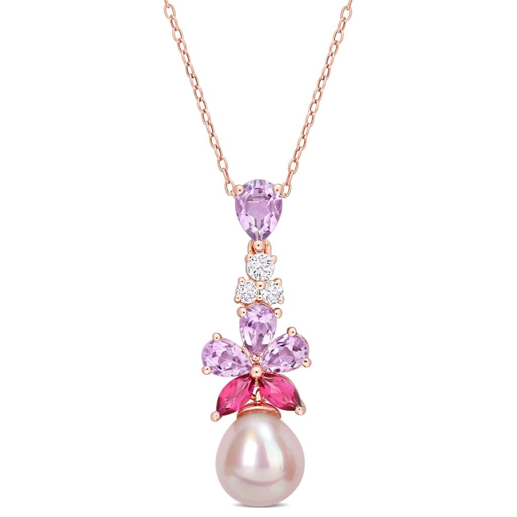 Miadora 9.5-10mm Pink Cultured Freshwater Pearl 2 3/8ct TGW Rose de France White & Pink Topaz Floral Necklace in Rose Silver