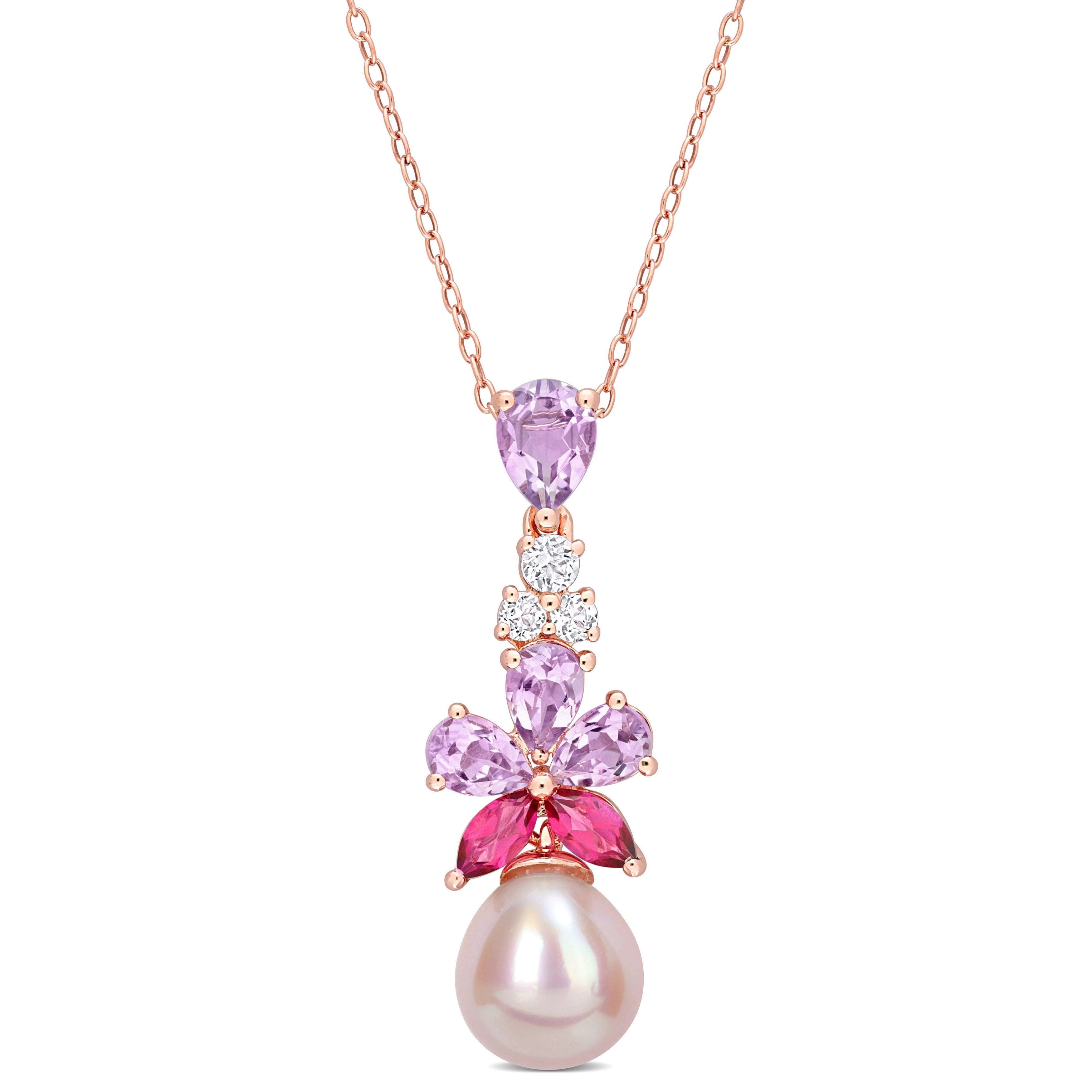Miadora Pink Cultured Freshwater Pearl 2 3/8ct TGW Rose de France White Pink Topaz Necklace Rose Silver