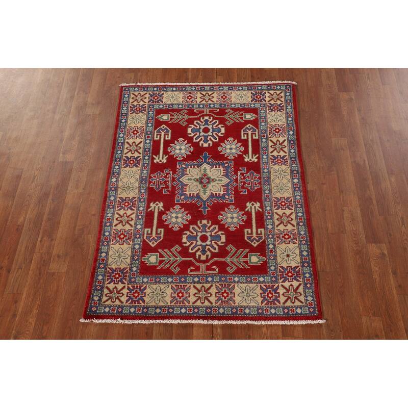 Geometric Kazak Rug Hand-Knotted Oriental Red Wool Carpet - 3'4"x 4'9"