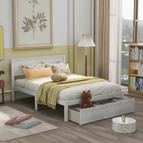 Nordic Simple Full Wood Platform Bed with 2 Under-bed Storage Drawer and Headboard, Slats include&No Box Spring Needed