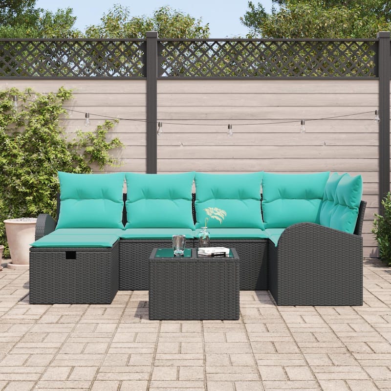 vidaXL 6/7 Garden Sofa Set with Cushions Black/Brown/Grey Poly Rattan - 92.1 x 48.8 x 27.2