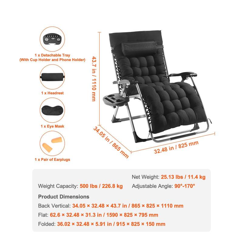 33 Inch Zero Gravity Recliner Lounge Chair with Steel Tube Frame and Thick Cushioned Pad - 34.05 x 32.48 x 43.7 in