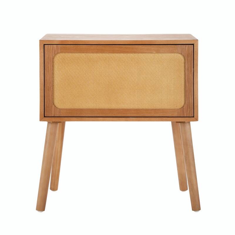 Mid-Century Modern Rattan Nightstand with Rotating Hidden Compartment and Wood Legs