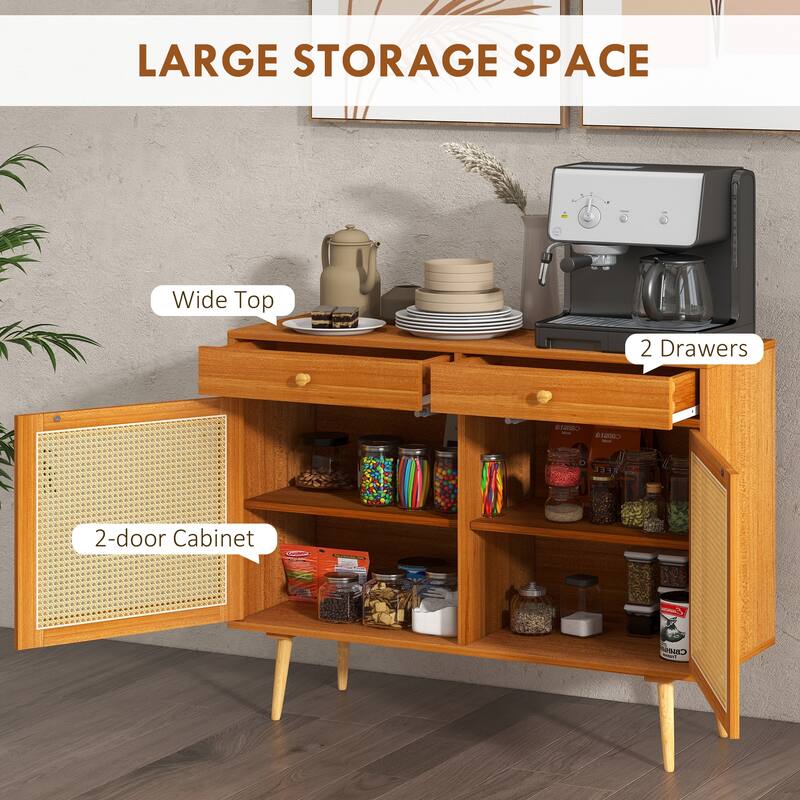Rattan Doors Kitchen Cabinet with 2 Drawers and Adjustable Shelf