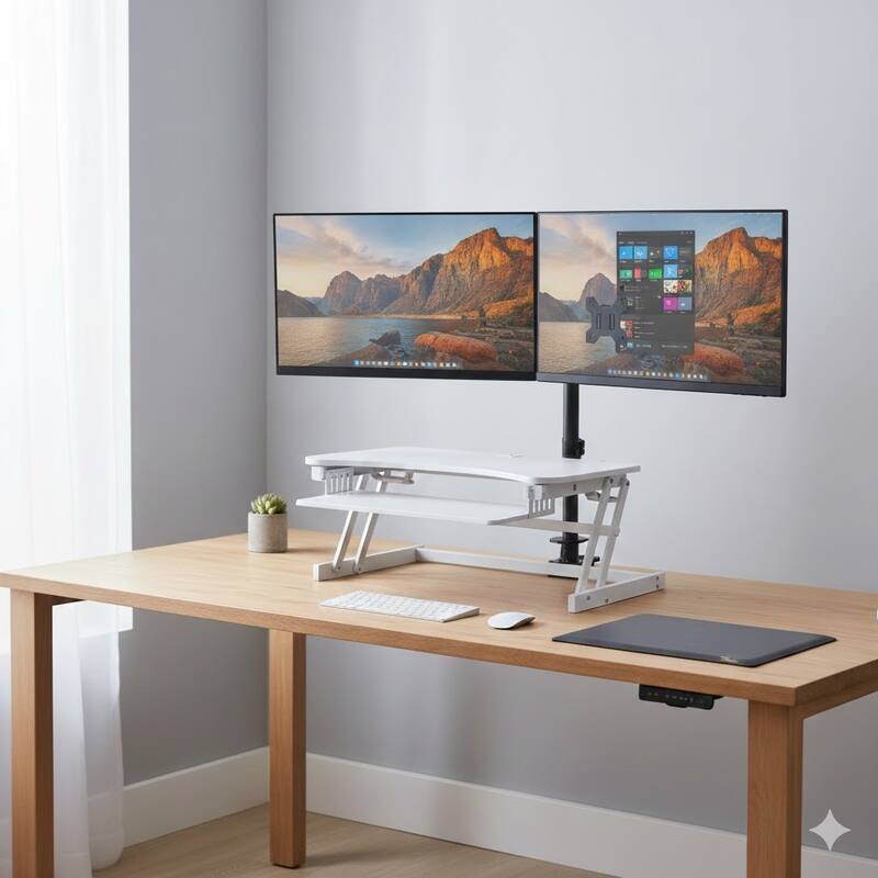 Rocelco 37.5 in. W White Height Adjustable Standing Desk Converter with Dual Monitor Mount and Anti Fatigue Mat Tray