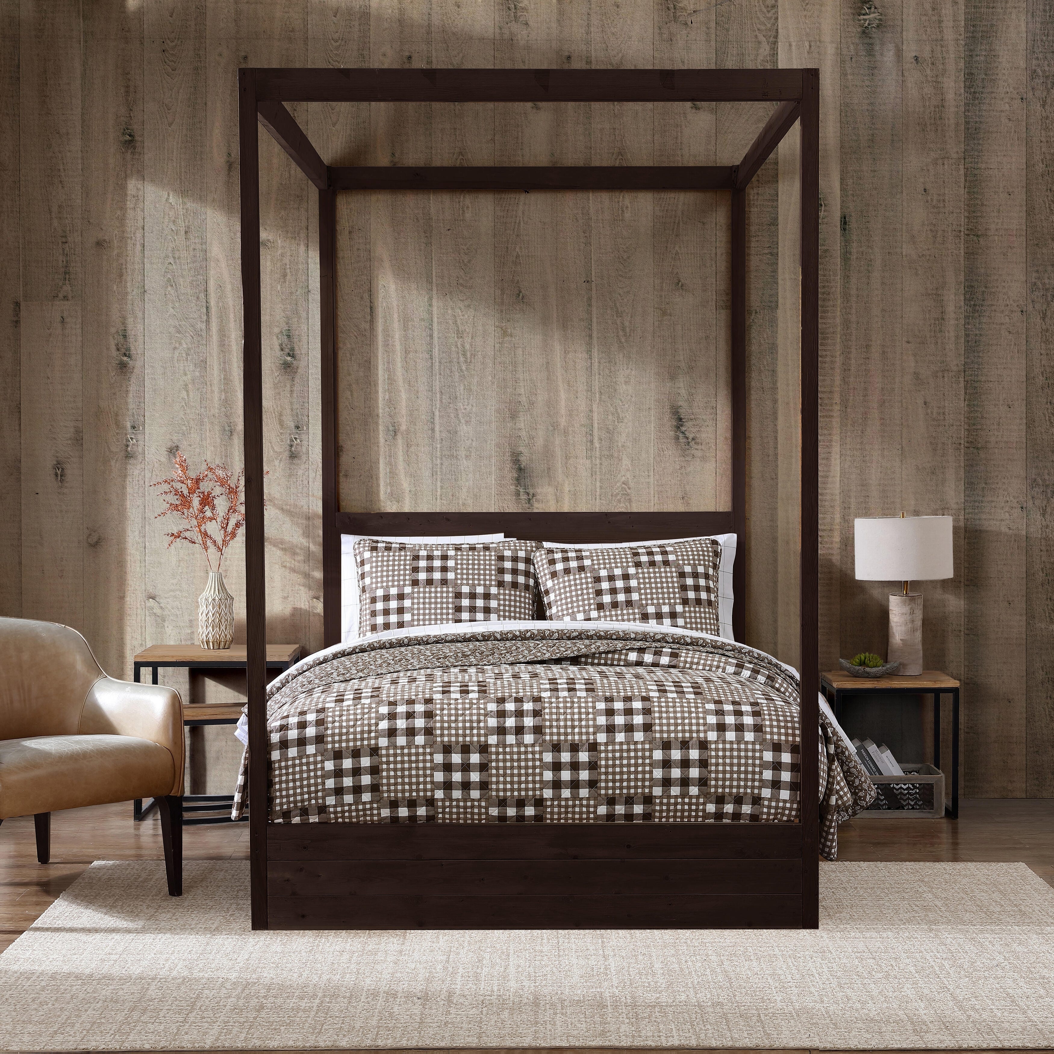 Eddie Bauer Gingham Patchwork Cotton Quilt With Paisley Reverse (Brown , 3 Piece Set)