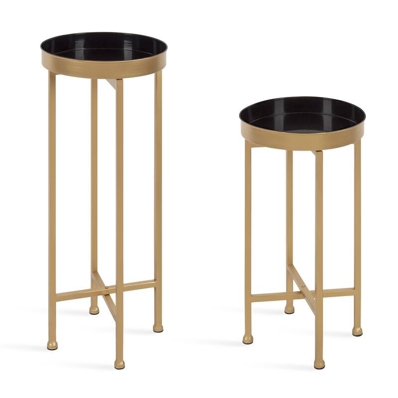 Kate and Laurel Celia Round Metal Foldable Tray Table Set - 2 Piece - Black/Gold