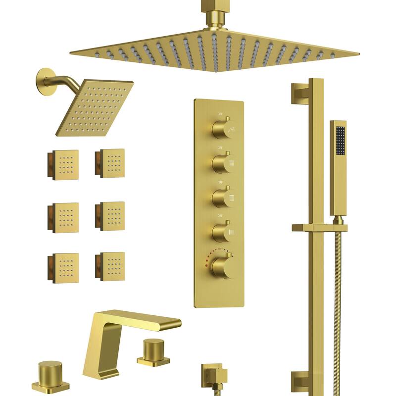 GRANDJOY Dual Shower Heads 16" Rainfall Shower System with 2-Handle Bathroom Sink Faucet Combo Set - Brushed Gold