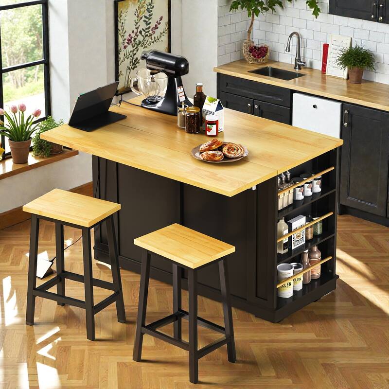 48" Kitchen Island with 2 Bar Stools, Power Outlet, Drop Leaf, Storage Cart on Wheels with Drawers
