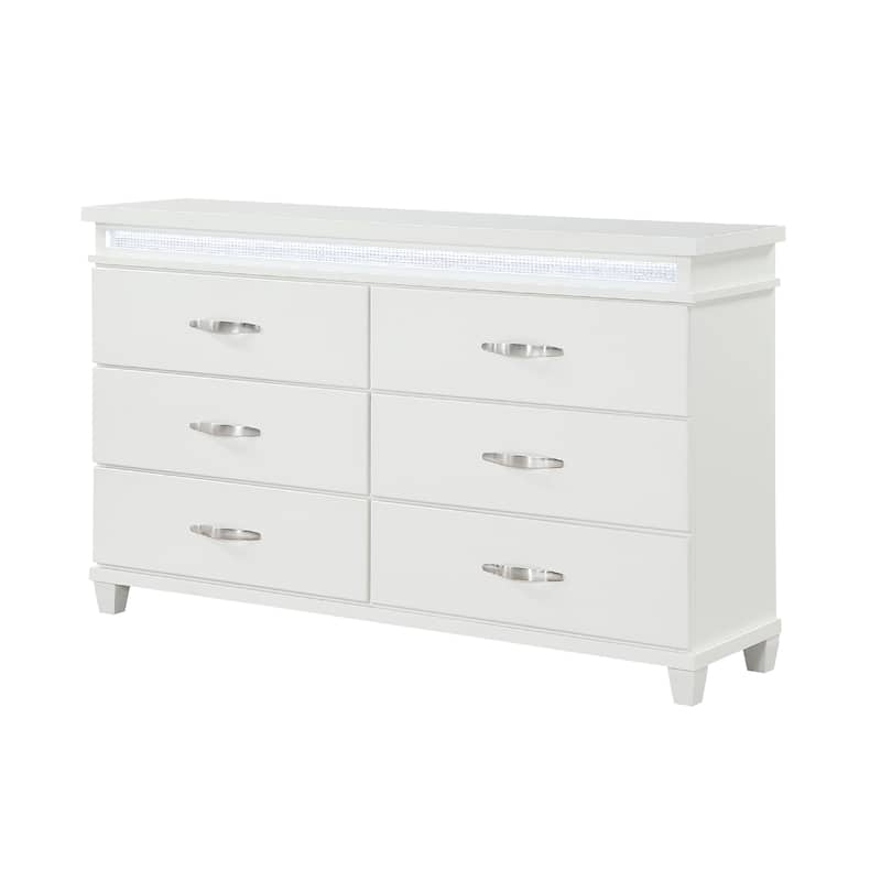 Jisy 64 Inch Wide Dresser 6 Drawers, LED Lights, White Wood, Chrome