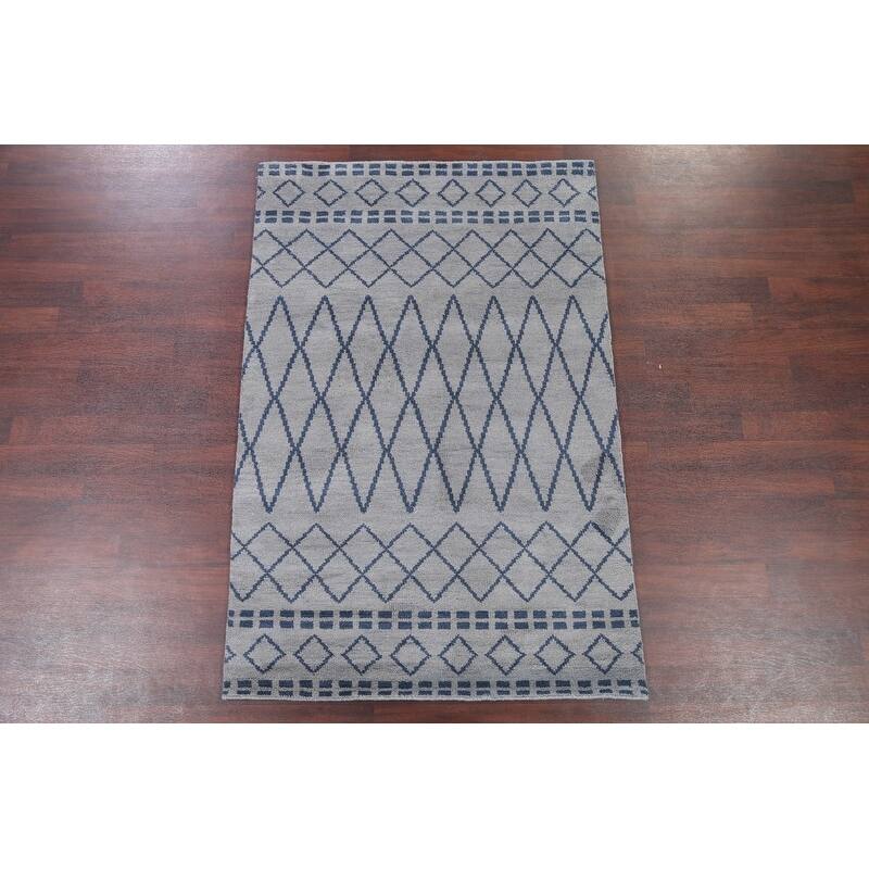 Hand Knotted Oriental 100% Wool Carpet Modern Geometric Greys & Charcoal Moroccan Area Rug - 7' 8'' X 5' 1''