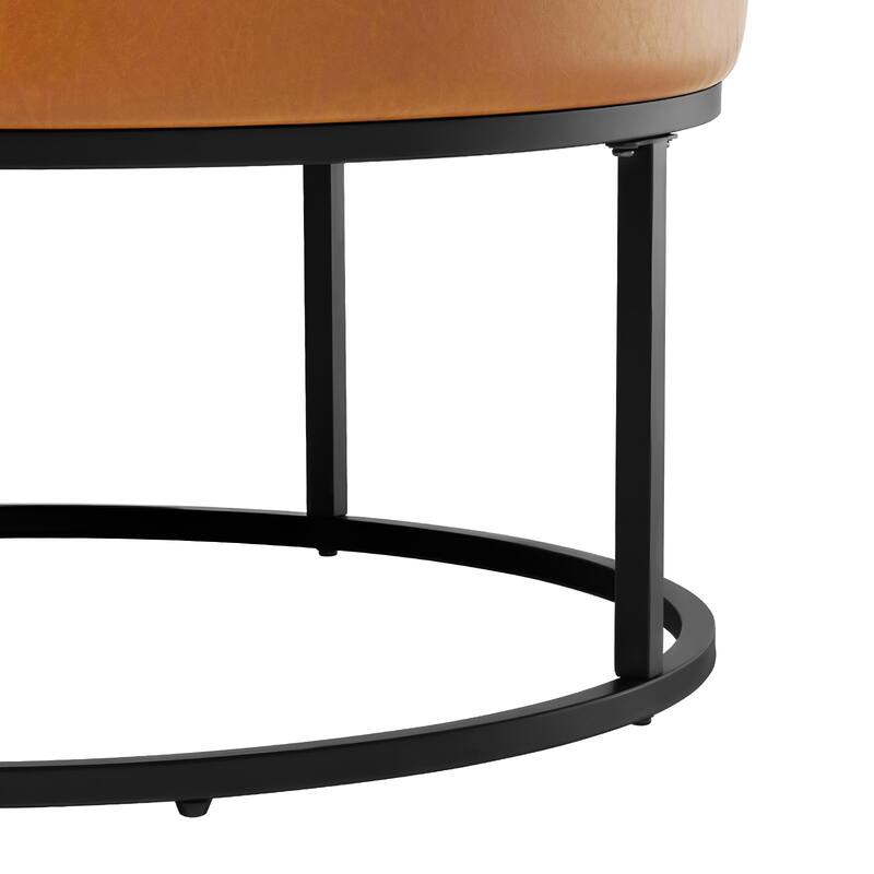 Faux Leather Round Ottoman for Living Room with Metal Legs