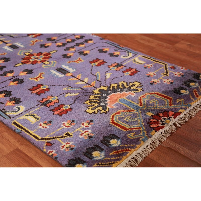 Hand Knotted Oriental 100% Wool Carpet Transitional All-Over Purples Oushak Runner Rug - 9' 10'' X 2' 7''
