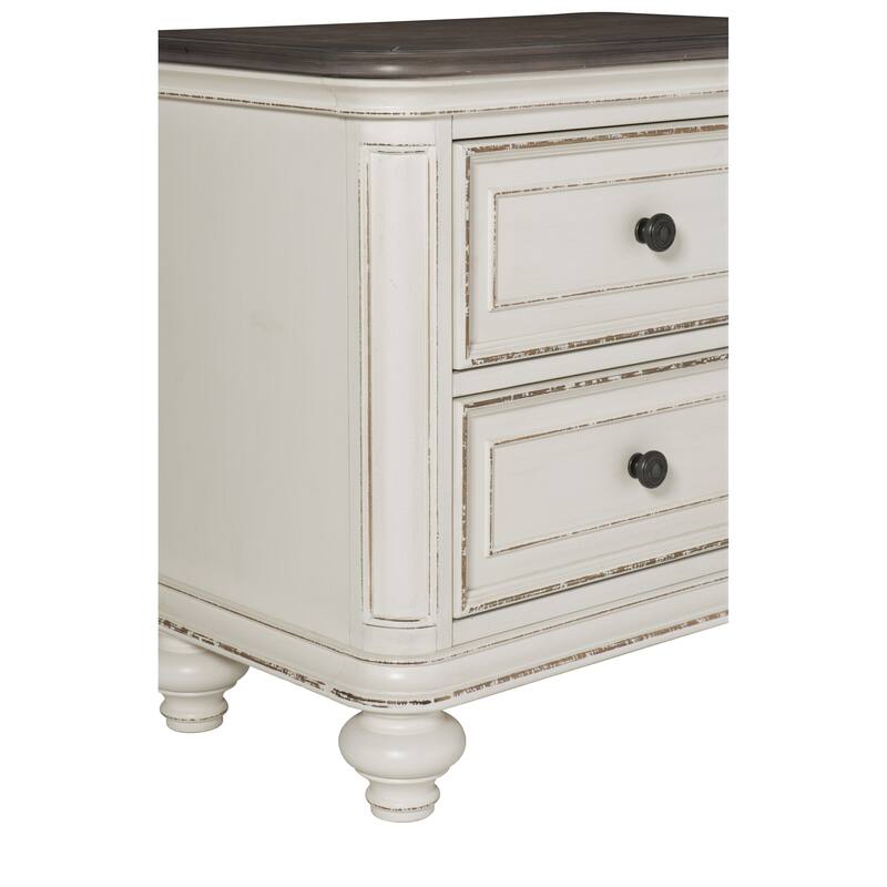 Antique White & Brown-Gray Nightstand, Drawers, Black Knobs, Traditional Design