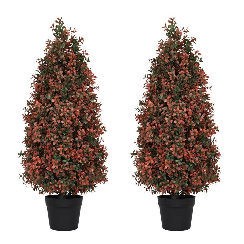 90cm Artificial Boxwood Topiary Tree For Outdoor Porch And Patio Decoration, Red , 2pcs/Set