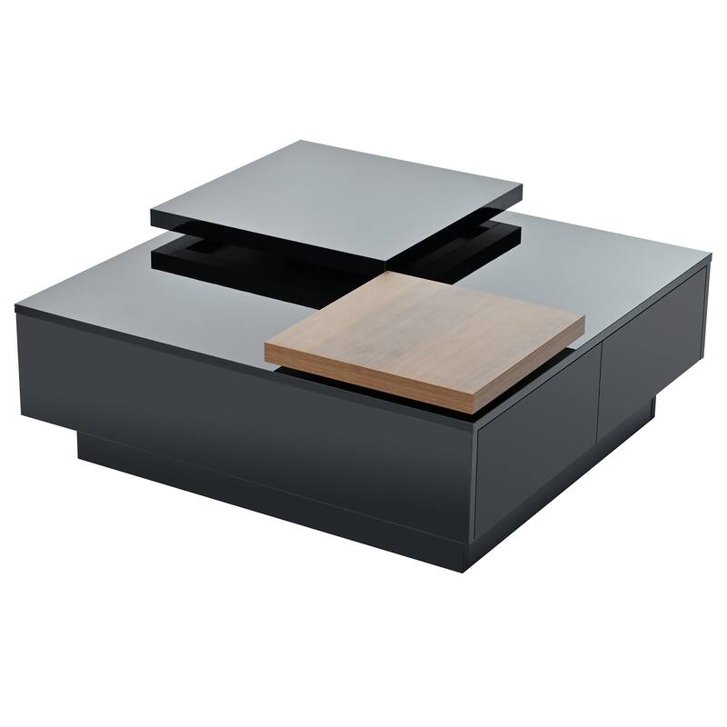 Modern Square Wooden Coffee Table Movable Top Coffee Table with 4 Hidden Storage Drawers, for Living Room