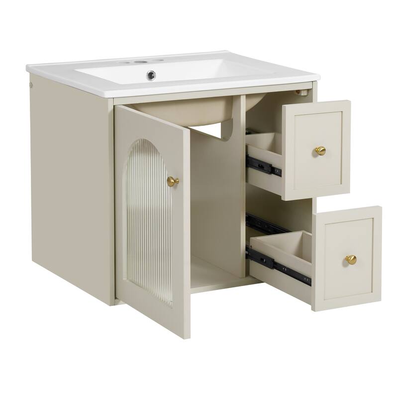 24" Wall Mounted Bathroom Vanity with Ceramic Sink, Floating Bathroom Storage Cabinet with Drawers & Glass Door