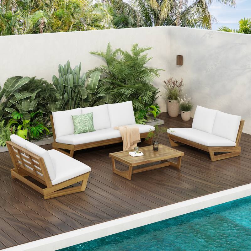 Christopher Knight Home - Sherwood 4-Piece Outdoor Patio Sofa Set - White+Teak