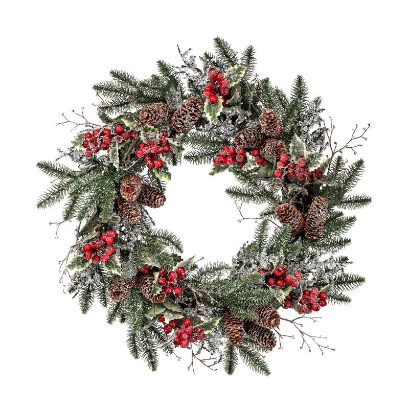 Green Red Brown Sequin Berries Hollies Christmas Wreath 24 Inch Unlit