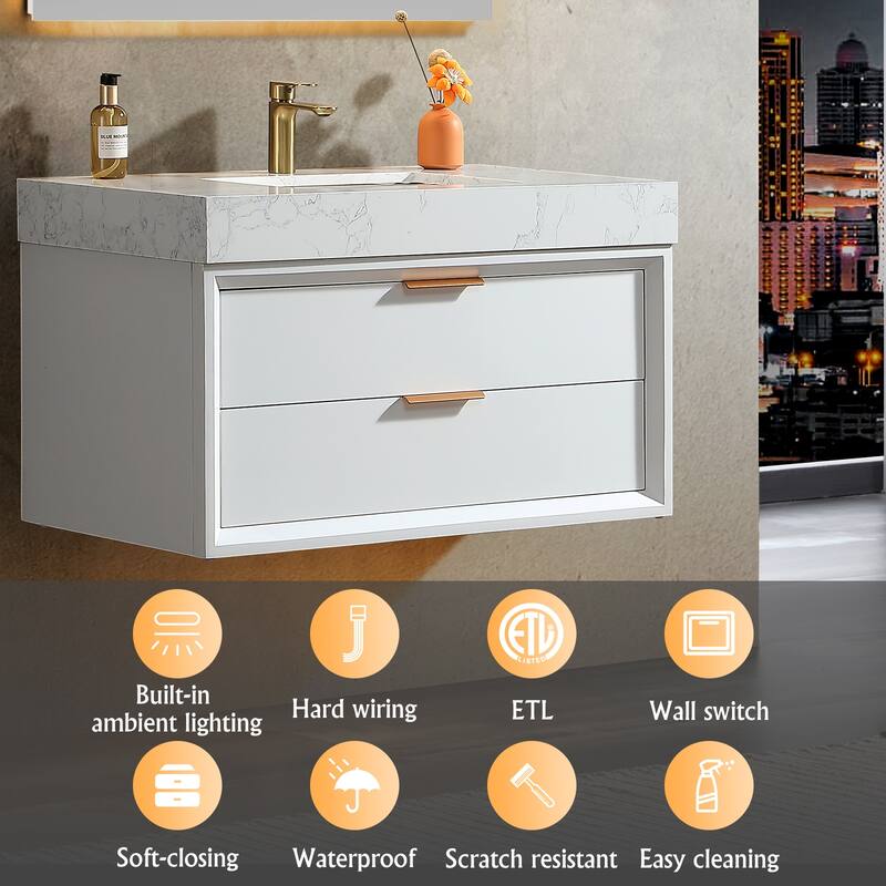 36/48/60 Modern Floating Bathroom Vanity with Sinle/Double Sink & Soft-Close Drawers & LED Lighting & Waterproof, White