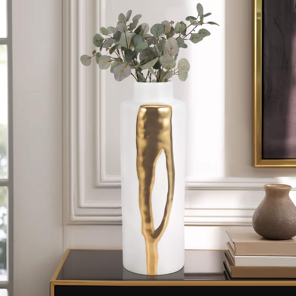 Sagebrook Home Procida White Porcelain Vase with Gold Abstract, Pretty Piece of Decor