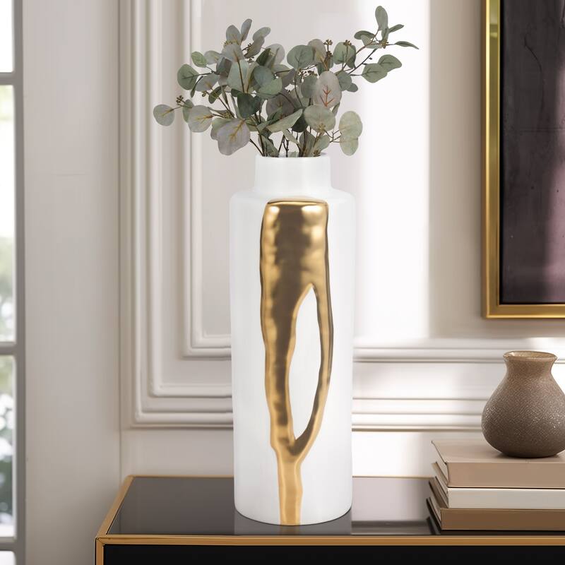 Sagebrook Home Procida White Porcelain Vase with Gold Abstract, Pretty Piece of Decor