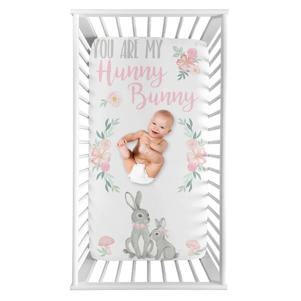 slide 2 of 2, Woodland Bunny Floral Collection Girl Photo Op Fitted Crib Sheet - Blush Pink and Grey Boho Watercolor Rose Flower Forest
