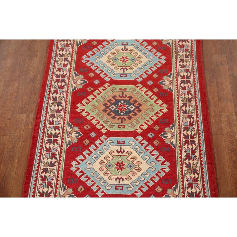 Geometric Red Kazak Rug Hand-Knotted Traditional Bedroom Wool Carpet - 3'4"x 4'10"