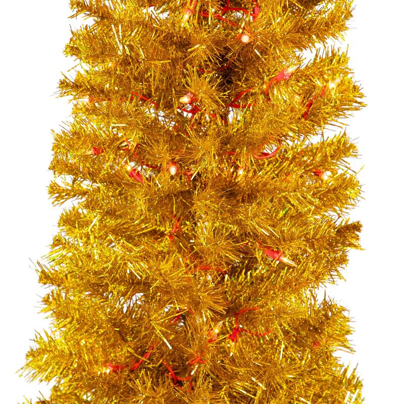 Pre-Lit Pencil Tinsel Artificial Christmas Tree - 6' - Gold - Clear Lights - Red Wire - 6 Foot