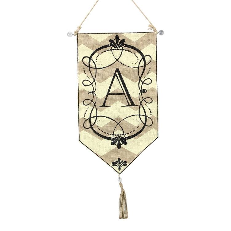 Monogram A Chevron Print Burlap 23 Inch Door Hanging Flag - Brown