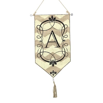 Monogram A Chevron Print Burlap 23 Inch Door Hanging Flag - Brown