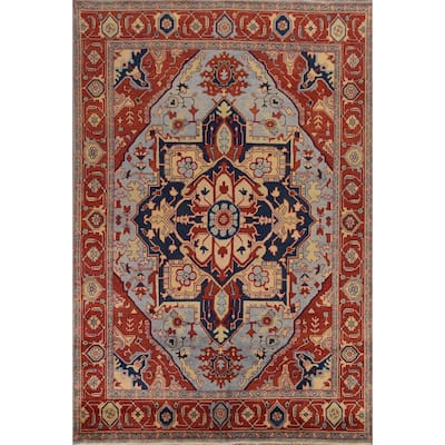 Blue & Orange Heriz Serapi Indian Area Rug Handmade Wool Carpet - 9'0" x 11'9"