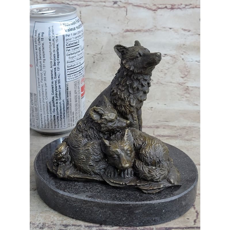 Wolf And Cubs Bronze Miniature Statue Sculpture Marble Base Desktop 4 Inches X 5 Inches