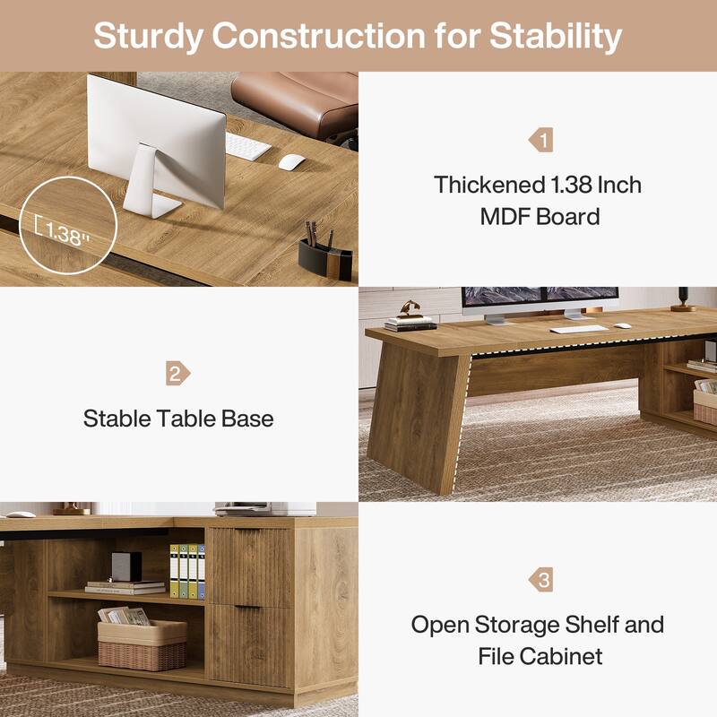 78" L-Shaped Executive Desk with File Cabinet & Shelves, Home Office