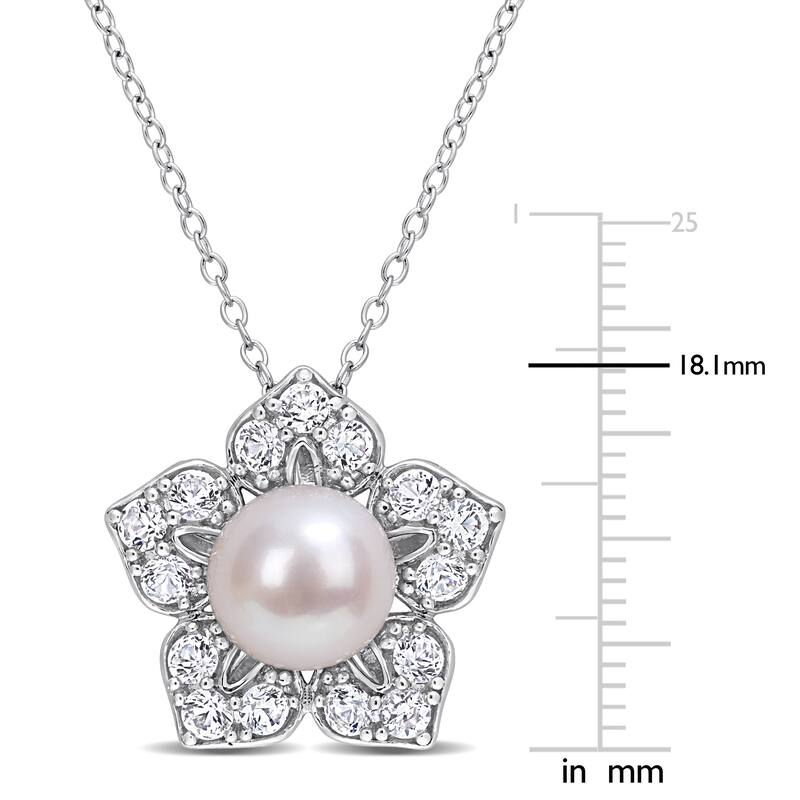 Miadora Cultured FW Pearl and Created White Sapphire Floral Necklace in Sterling Silver (8.5-9mm)