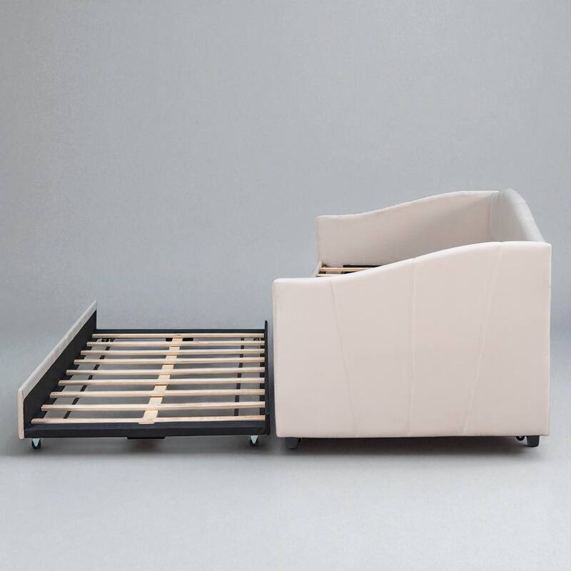 Twin Upholstered Daybed with Trundle Bed and Wood Slats, Velvet Sofa Bed Frame, No Box Spring Required