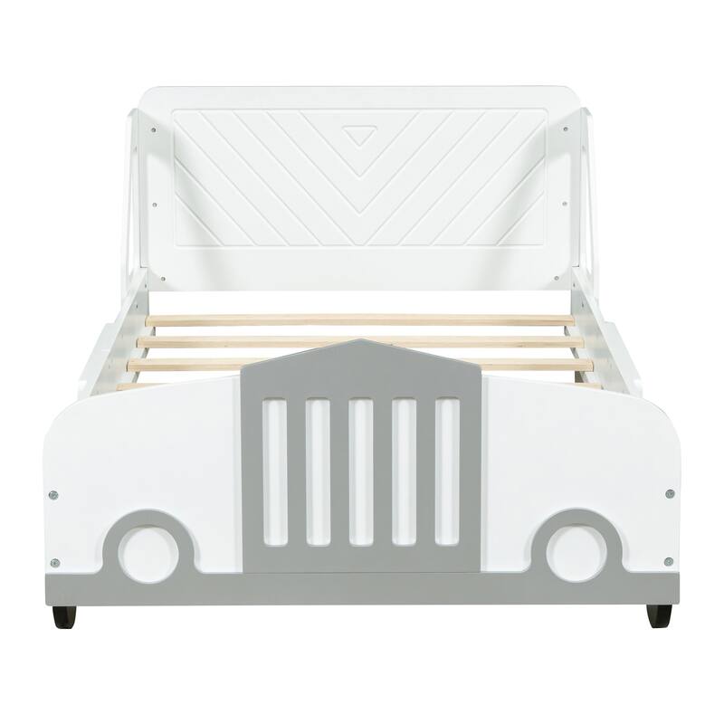 Twin Wooden Car-Shaped Platform Bed with Wheel Support